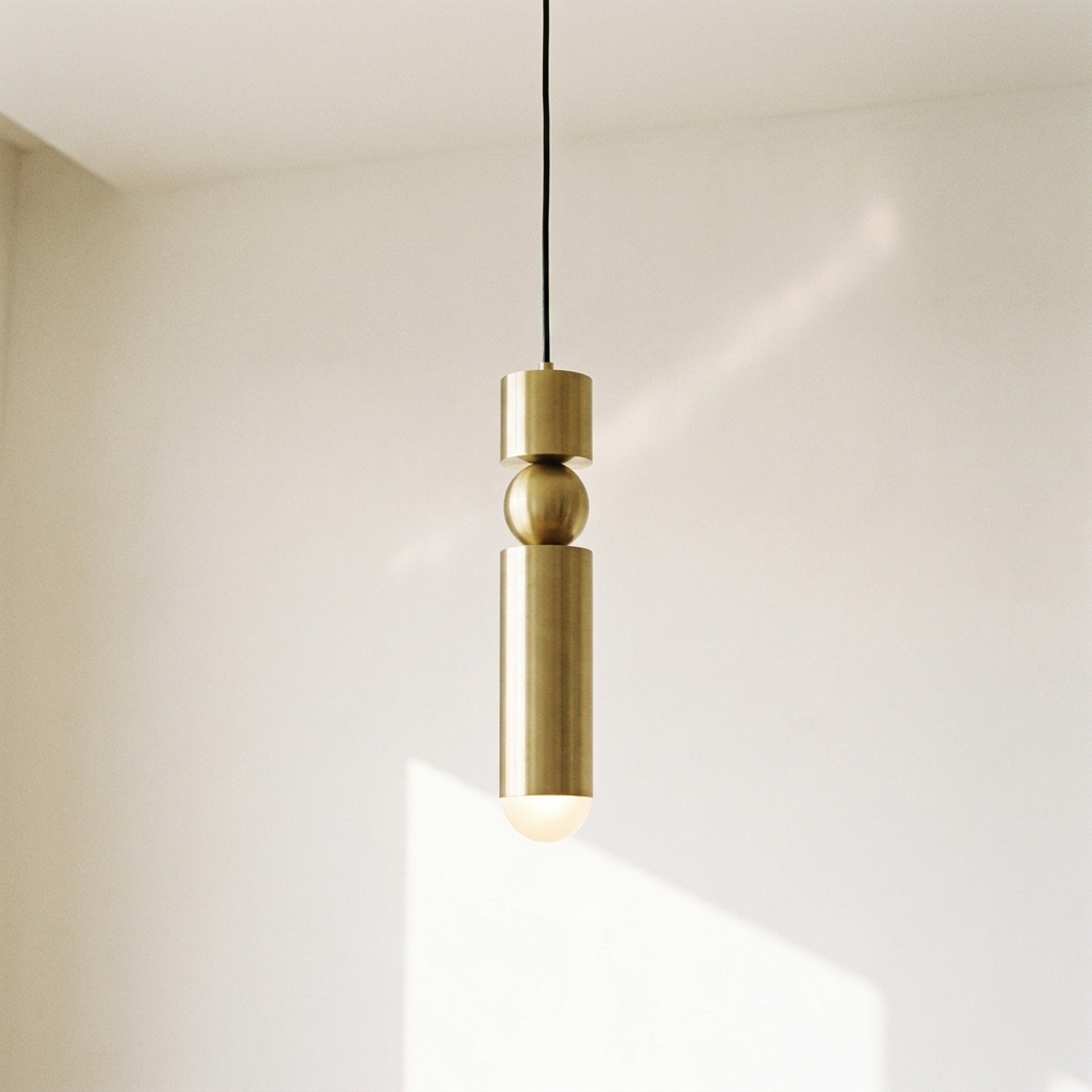 Nova brass globe pendant glowing on warm white wall